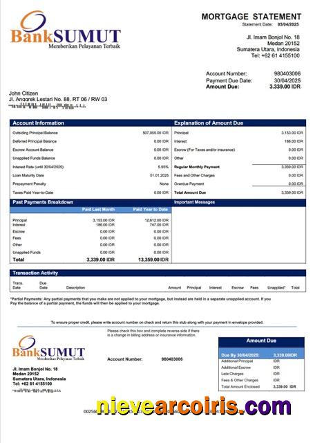 Indonesia Bank Sumut mortgage statement Word and PDF template